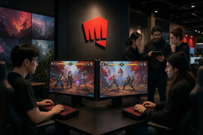Two players compete in a stylised fighting game match on monitors in a Riot Games studio setting.