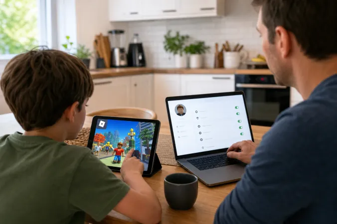A child using a tablet at a kitchen table while a parent reviews parental controls on a nearby laptop, with the Roblox logo visible.