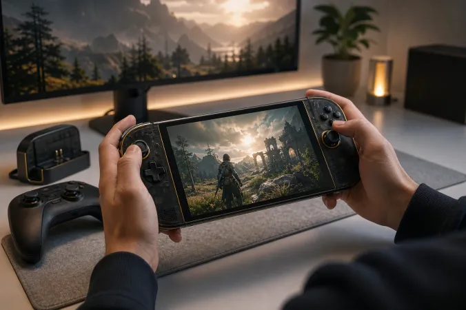 A black and gold handheld gaming PC with a bright OLED game display held above a desk beside a controller and charging dock.