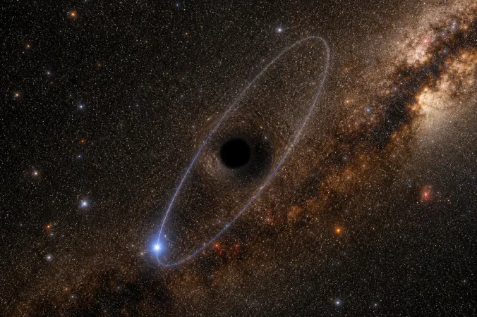Editorial illustration of the faint star S301 on a narrow orbit around Sagittarius A* at the centre of the Milky Way.