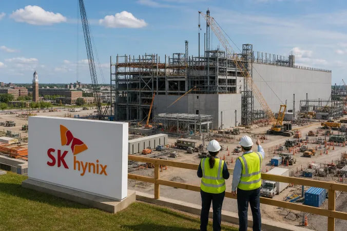 Editorial illustration of an SK hynix advanced semiconductor packaging facility under construction near Purdue University in Indiana.