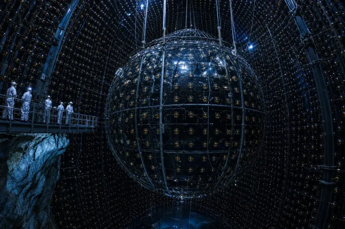 An underground neutrino observatory with a spherical detector surrounded by photomultiplier tubes.