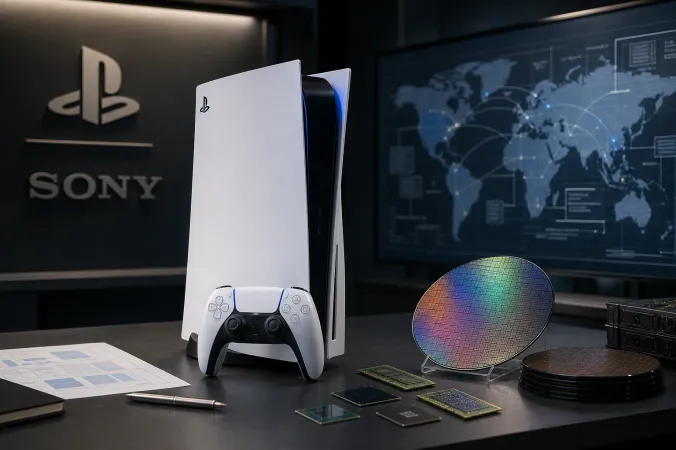 A PlayStation 5 console and controller on a studio desk beside semiconductor wafers, with the Sony and PlayStation logos visible in the background.