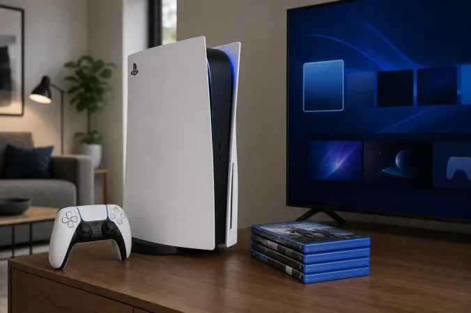 A PlayStation 5 console beside a stack of game cases and a controller, with the PlayStation logo visible in a softly lit living room.