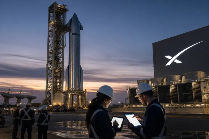 A SpaceX Starship-style rocket stands at a launch facility at dusk as engineers monitor operations nearby.
