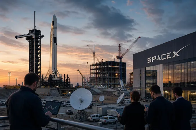 A SpaceX launch facility at dusk with a rocket, satellite dishes, data-centre construction and the official SpaceX logo on a building.