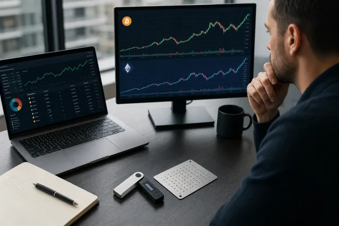 An investor reviewing a brokerage chart beside a hardware wallet displaying Bitcoin and Ethereum symbols.