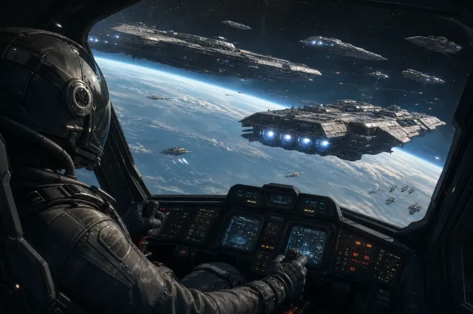 A cinematic science-fiction spacecraft cockpit overlooking a large capital ship and a distant planet during a fleet operation.