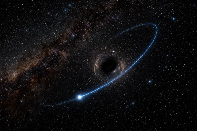 Editorial illustration of a bright star on a close curved orbit around the dark centre of the Milky Way.