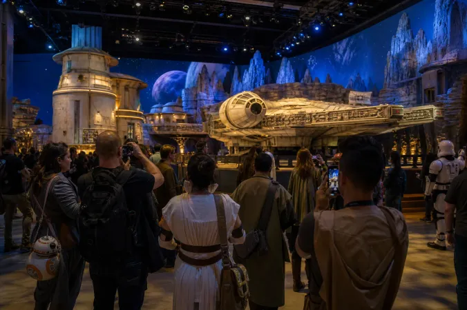 Visitors viewing a Star Wars-themed display at a crowded convention pavilion with a large space backdrop.