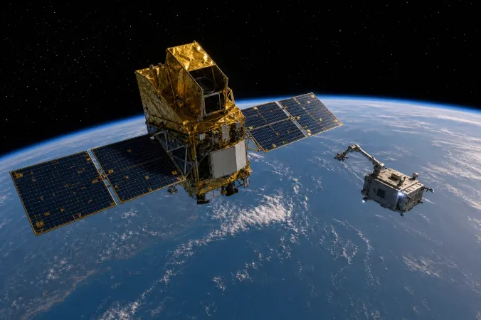 An artist’s rendering of the Swift space observatory and a small robotic servicing spacecraft above Earth’s curved horizon.