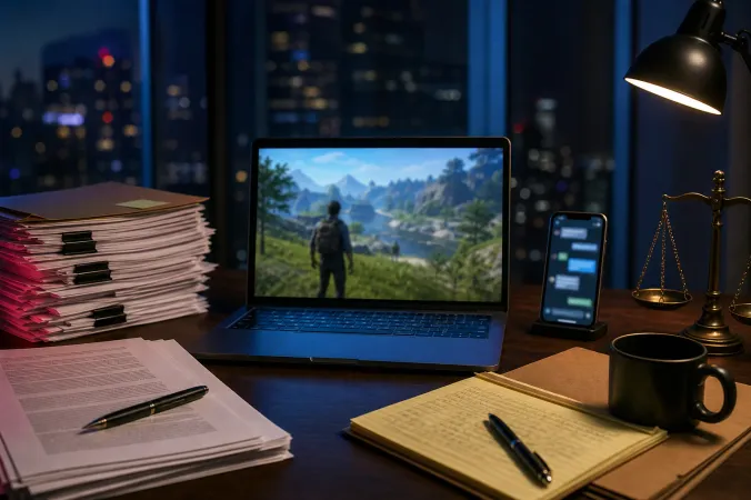 A dark editorial scene showing a computer monitor with blurred game footage, a smartphone displaying a chat interface and legal papers on a desk.