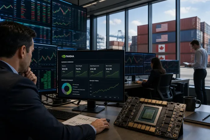 Traders monitor market screens as a semiconductor chip and U.S.-Canada cargo containers appear in an editorial financial scene.