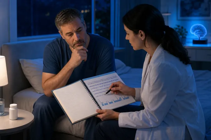 A clinician in a sleep clinic reviewing a patient’s sleep diary beside a bedside medicine bottle and a softly lit bedroom window.