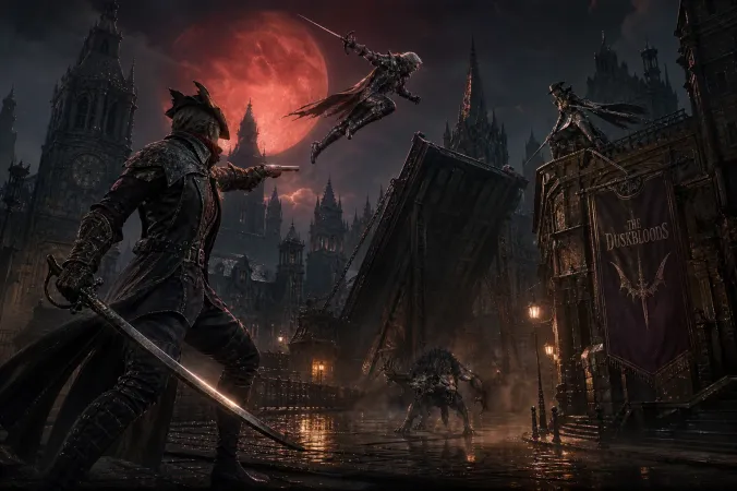 A Gothic multiplayer battle in a moonlit city, with armed fantasy fighters on rooftops and a wolf-like transformed character below.