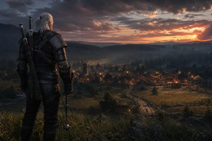 Geralt of Rivia stands on a grassy hill above a rural village at dusk, with festival lights in the distance and a chain weapon at his side.
