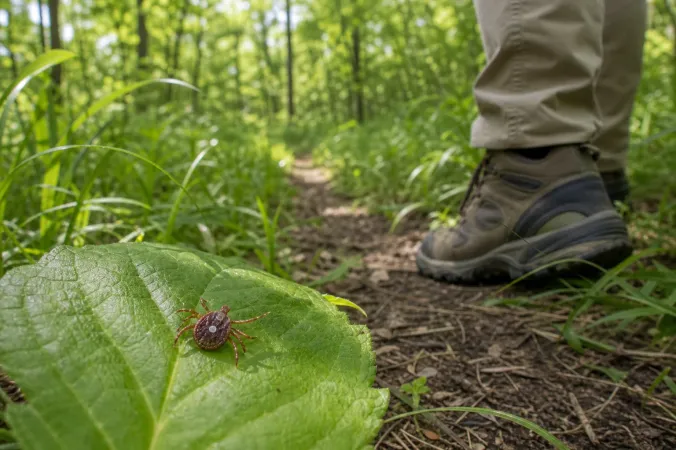A lone star tick on a green leaf beside hiking boots and tall grass in a wooded American landscape.