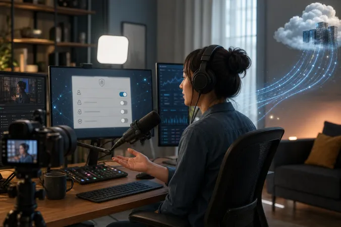A livestream creator at a desk with a camera, microphone and multiple screens showing a privacy settings interface.