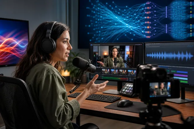 A livestreaming creator working at a desk with a microphone and multiple monitors, with abstract data connections representing AI training.