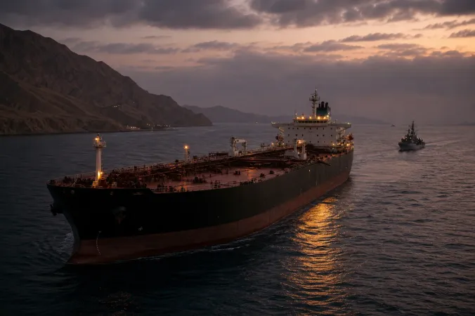 Oil tanker moving through the Strait of Hormuz near a naval patrol vessel at dusk.