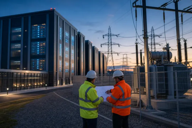 High-voltage electricity substation beside a modern data-centre campus in Britain, with engineers reviewing connection plans.