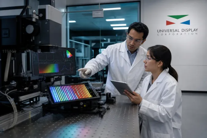 A close-up of an OLED display test panel in a Universal Display research laboratory, with engineers and efficiency measurement equipment.