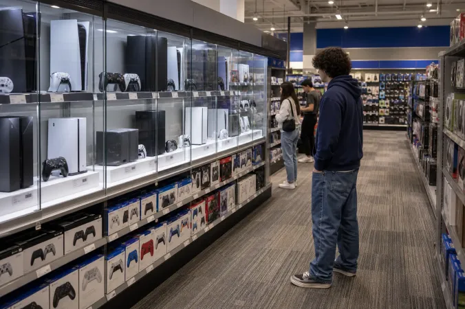 A home entertainment retailer display with gaming consoles, controllers and price labels, with shoppers browsing in the background.