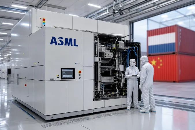 An ASML deep-ultraviolet lithography system in a clean semiconductor fabrication environment, with the ASML logo visible on the equipment.