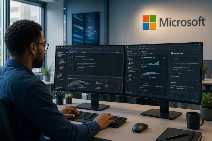 A software developer using Microsoft Visual Studio on a Windows workstation, with code, debugging panels and an AI assistant interface visible.