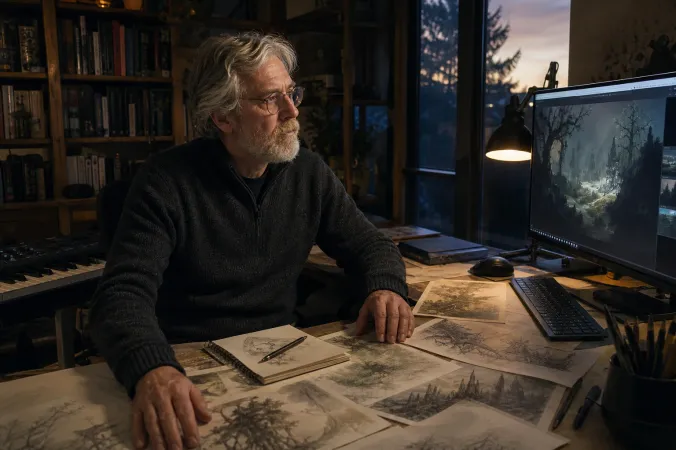 An older game developer reflects at a desk with concept sketches, a keyboard piano and a softly lit computer workstation.