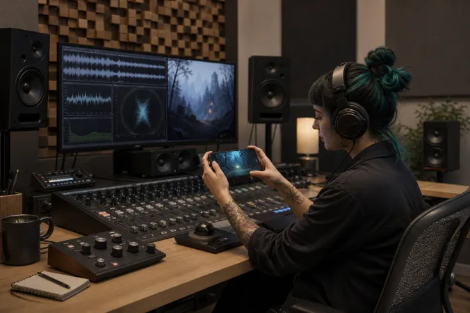 A game developer wearing headphones tests an audio-based game on a smartphone in a sound design studio.
