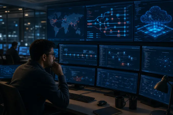 A security analyst reviews a multi-stage cyber incident timeline on monitors in a dimly lit operations centre.