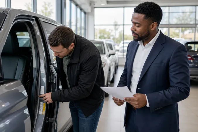 A buyer reviewing a vehicle identification number label on a new car at a dealership while a sales representative holds financing documents.