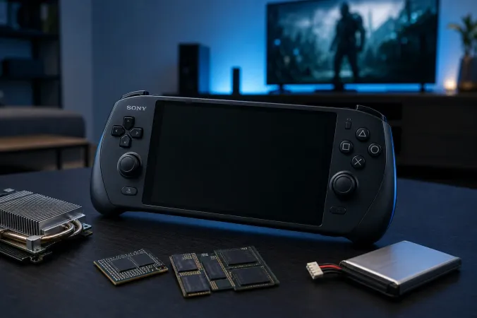Conceptual Sony PlayStation handheld on a desk beside memory chips and a compact cooling assembly.