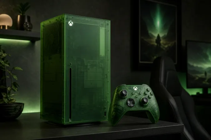 A translucent green Xbox Series X-style console and matching controller displayed on a dark shelf with subtle green lighting.