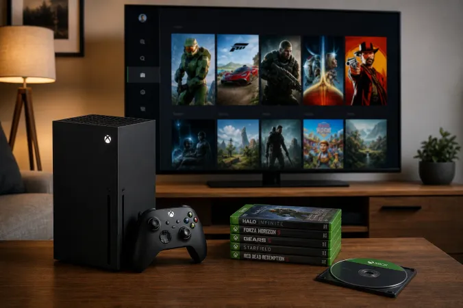 An Xbox Series X console beside several physical Xbox game cases, with one disc placed near the console and a digital game library displayed on a television.