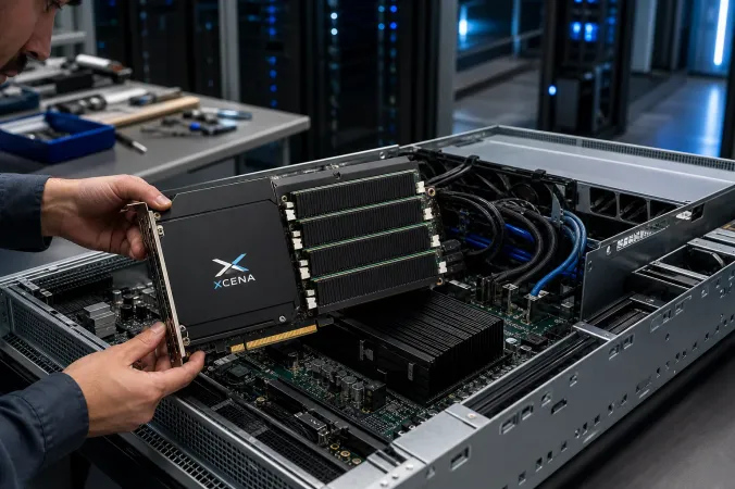 An XCENA MX1 computational memory expansion card installed in an open data-centre server, with DDR5 modules and cooling hardware visible.