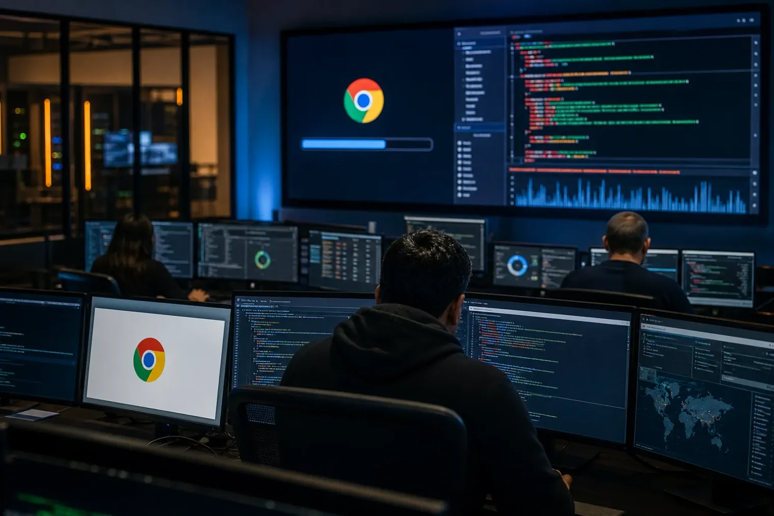 A security operations centre screen showing Chrome update activity and code analysis, with the Google logo visible on a workstation display.