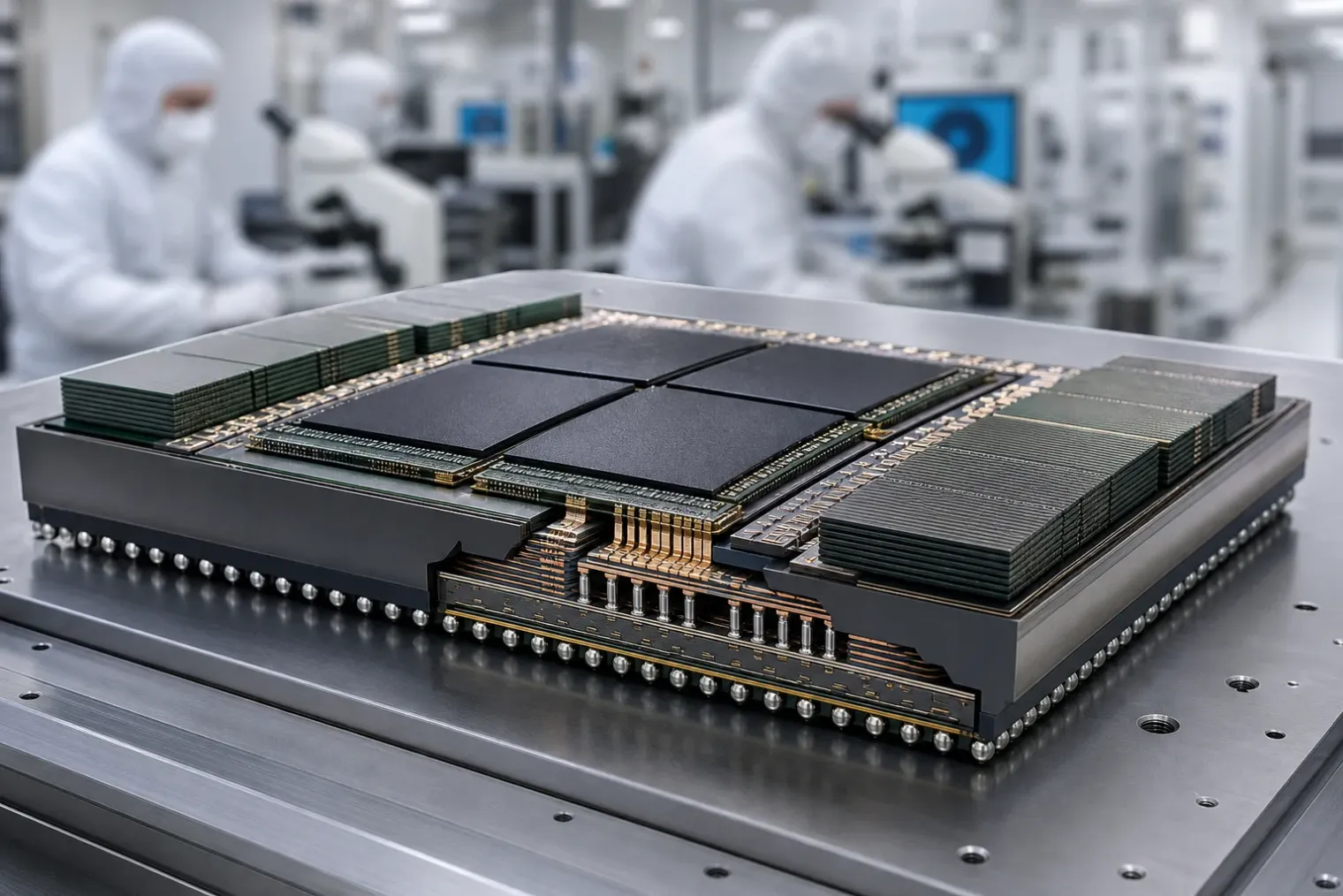 An editorial illustration of a large multi-chip AI processor package with compute chiplets, memory stacks and layered interconnect structures on a semiconductor manufacturing workbench.