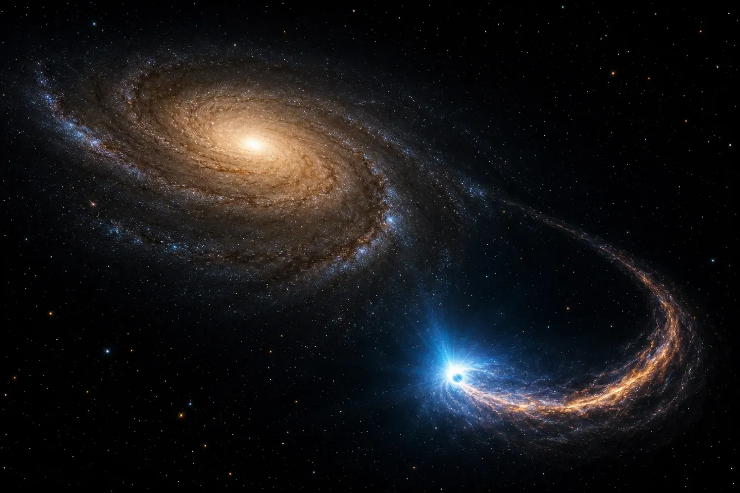 Editorial illustration of a distant galaxy with a bright tidal-disruption flare in its outer region beside an unseen black hole.