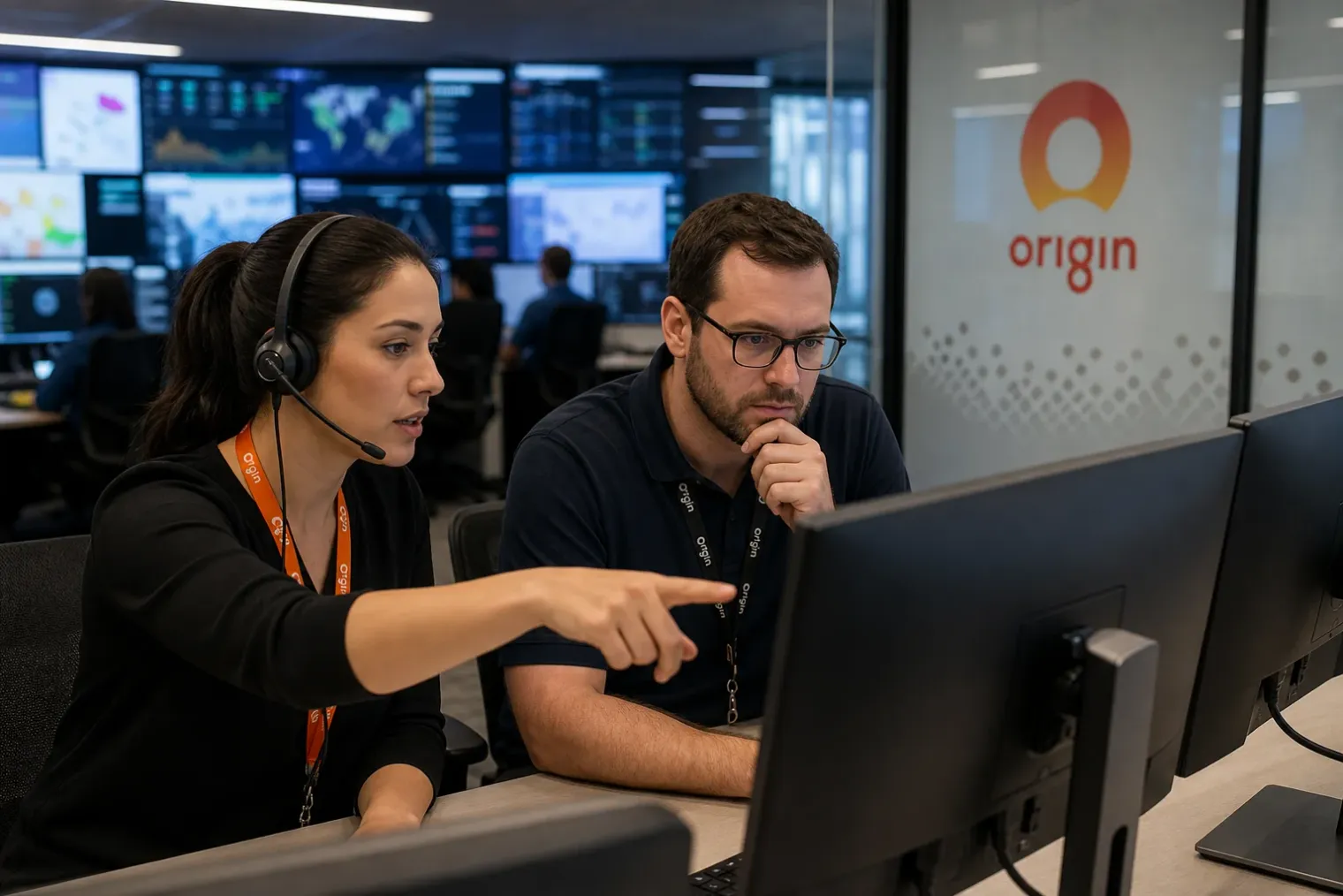 An Origin Energy customer service representative reviews a data-security alert on a monitor in a modern operations centre.