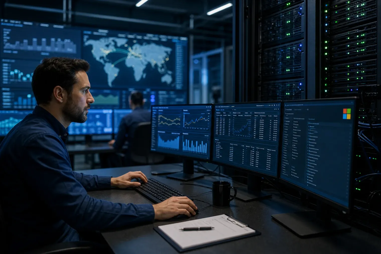 A security operations analyst monitors a rack-mounted on-premise server environment and threat alerts on several screens.