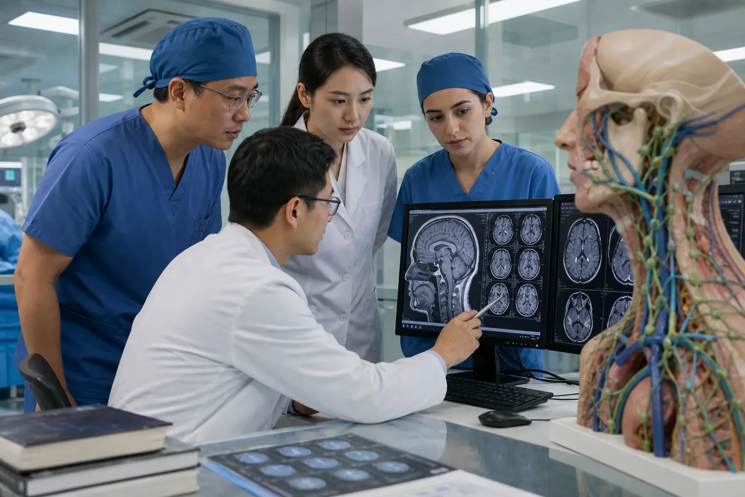 A neurosurgical research team reviewing brain scans and a neck lymphatic anatomy model in a modern Chinese hospital laboratory.