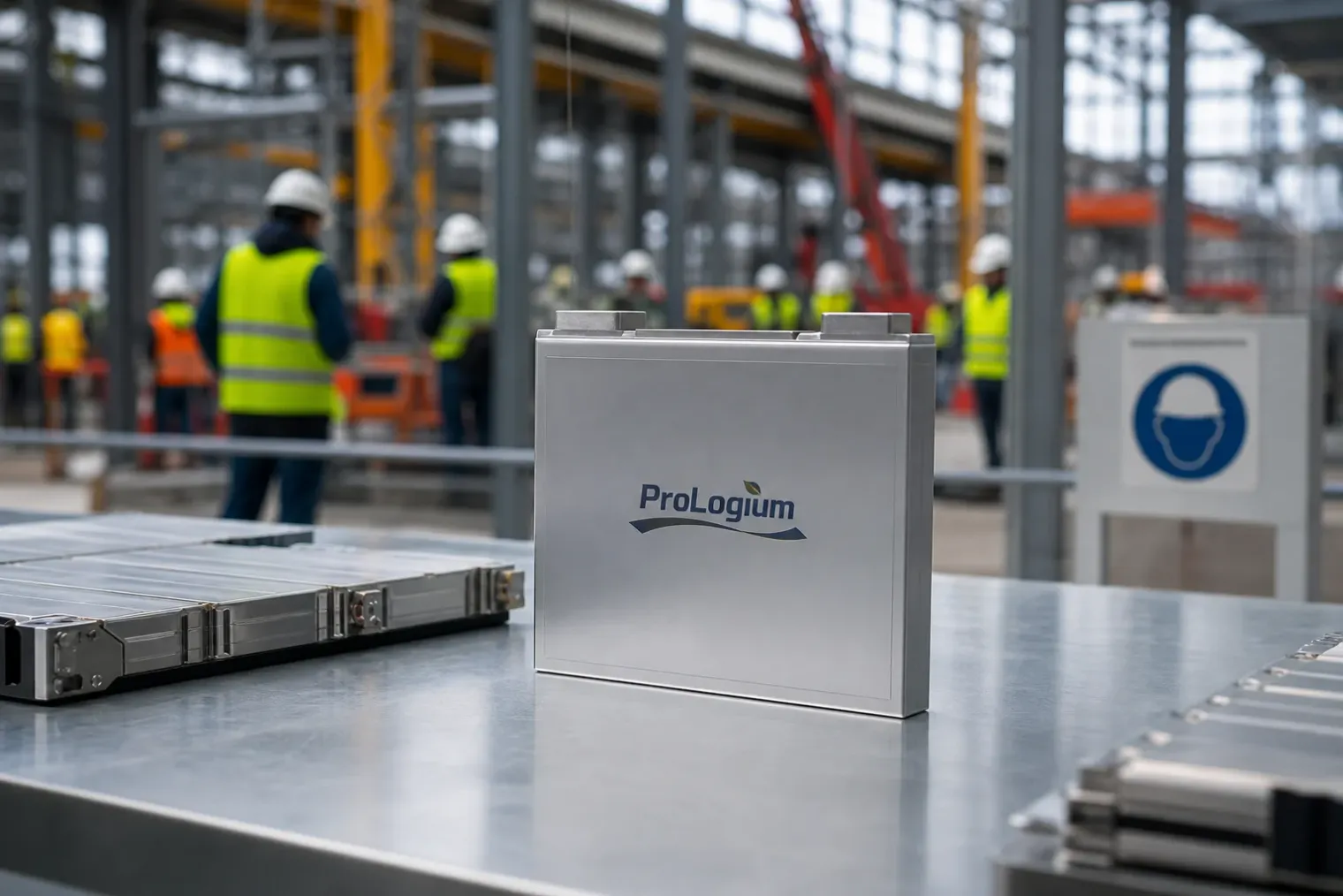A ProLogium-branded solid-state battery cell displayed in the foreground of a modern battery manufacturing facility under construction.