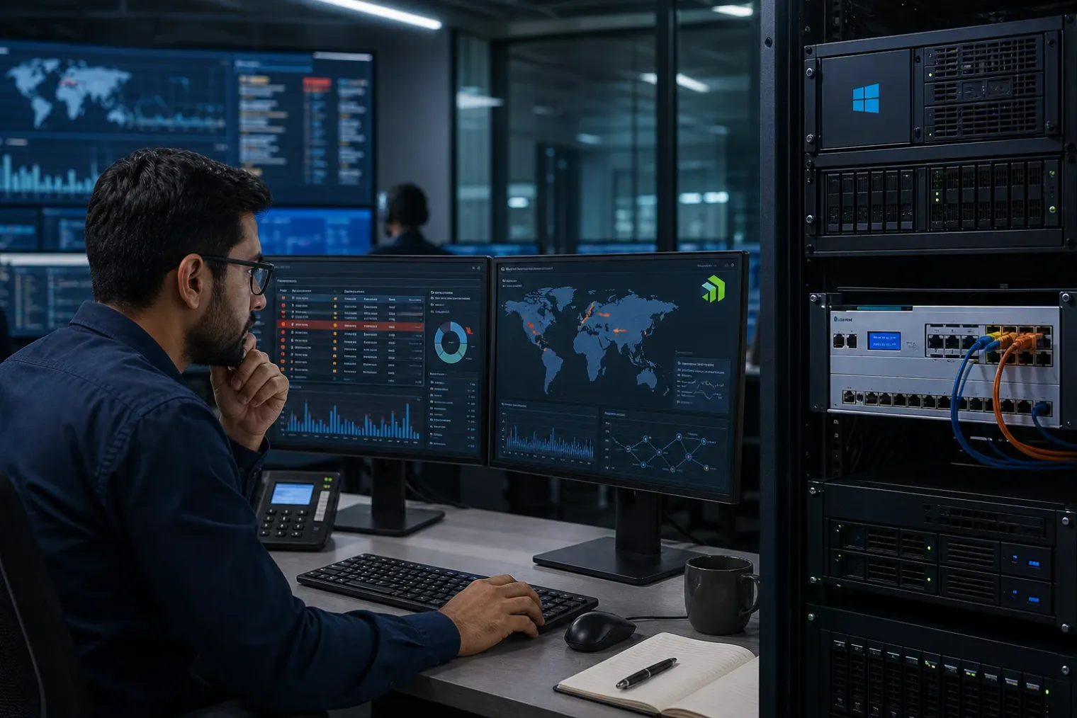 A security operations analyst reviews alerts on monitors beside a rack-mounted server, with the Progress logo visible on a display.