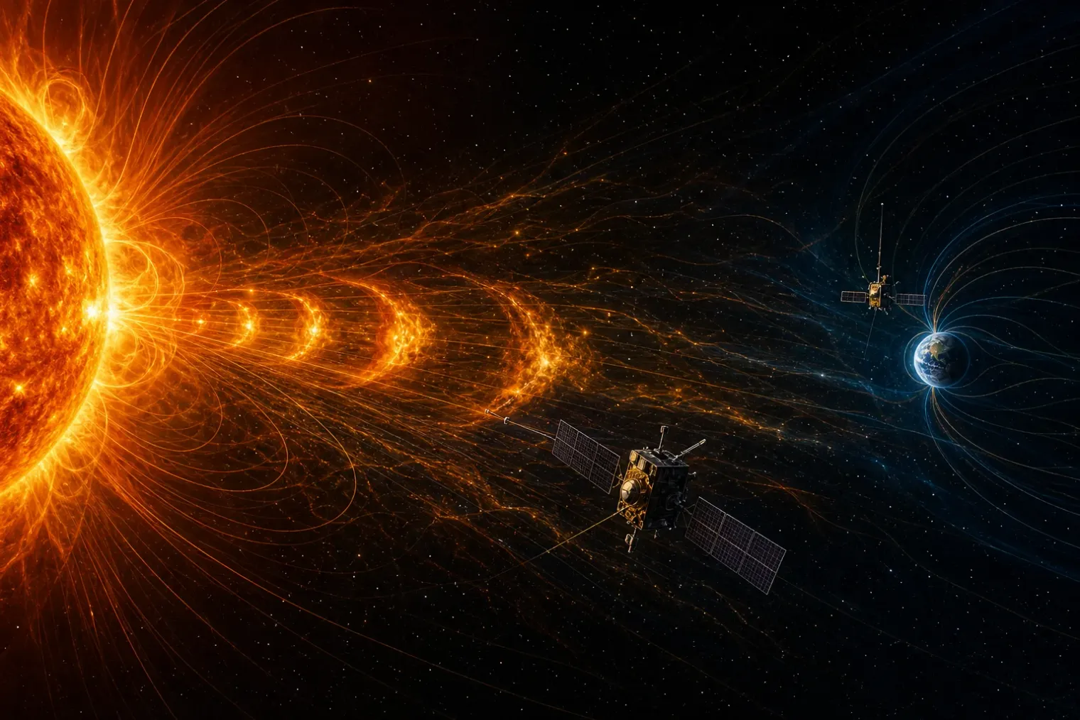 An editorial illustration of the Sun emitting a structured solar-wind stream past Solar Orbiter toward the Wind spacecraft near Earth.