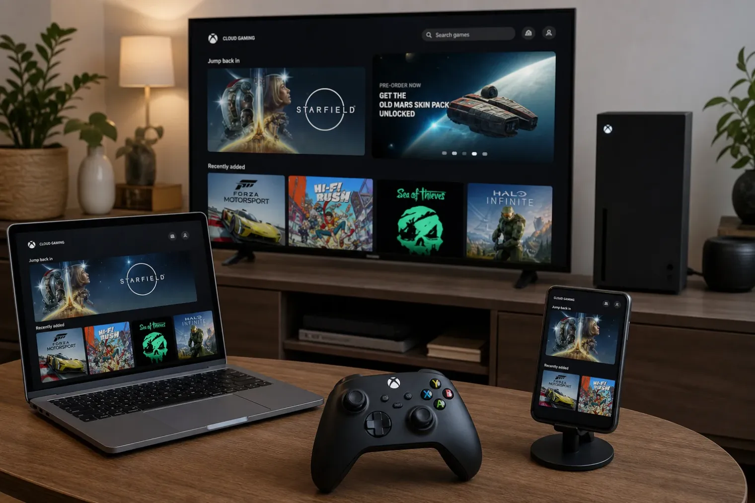 An Xbox cloud gaming session displayed on a television, laptop and smartphone in a modern living room, with an Xbox console and controller nearby.