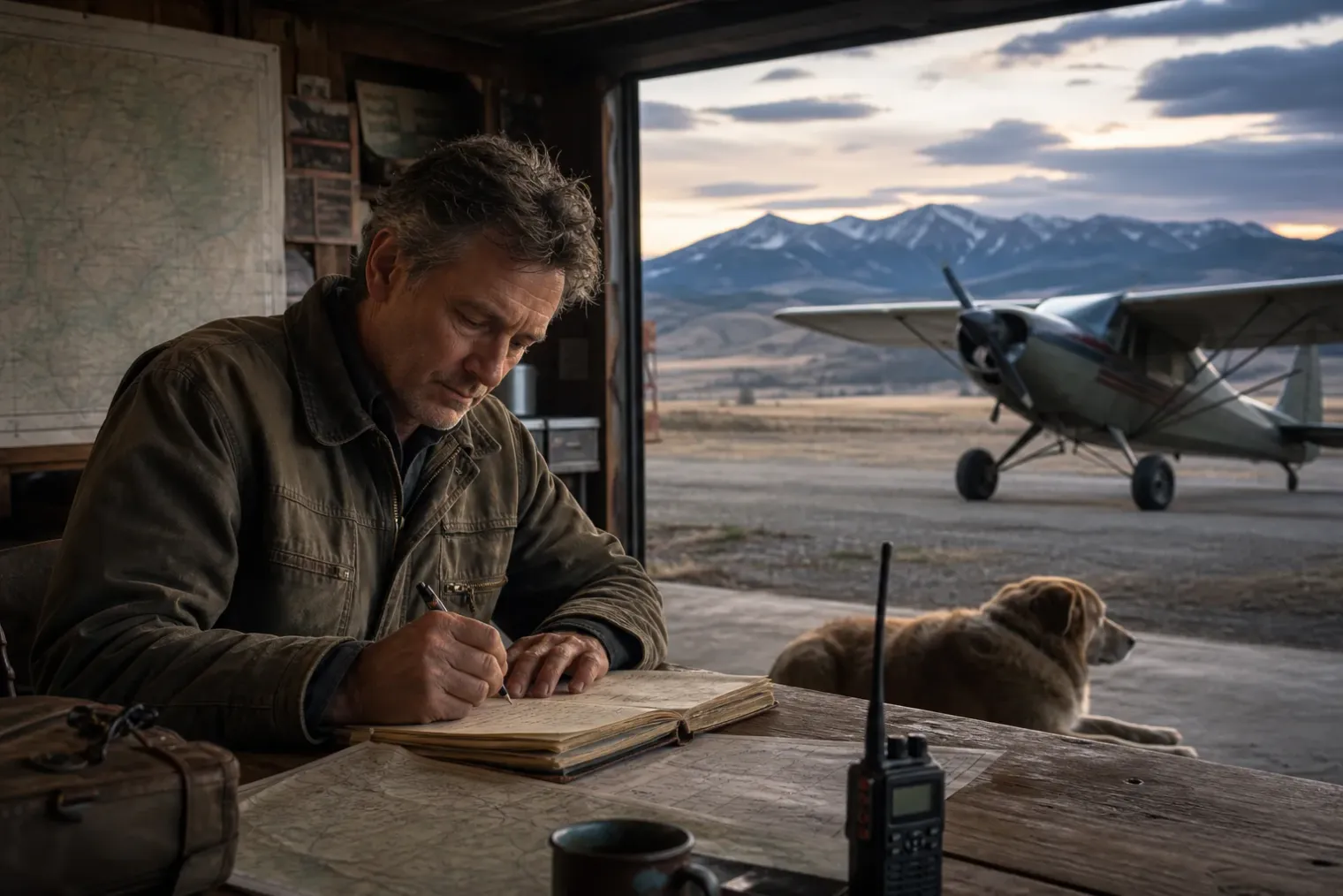 An author writing beside aviation charts and a small propeller aircraft at a rural airfield during dusk.