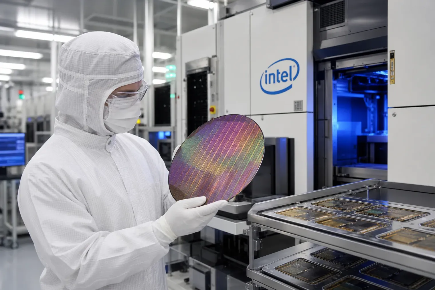 An Intel semiconductor technician in a cleanroom examines a silicon wafer beside advanced chip-manufacturing equipment.
