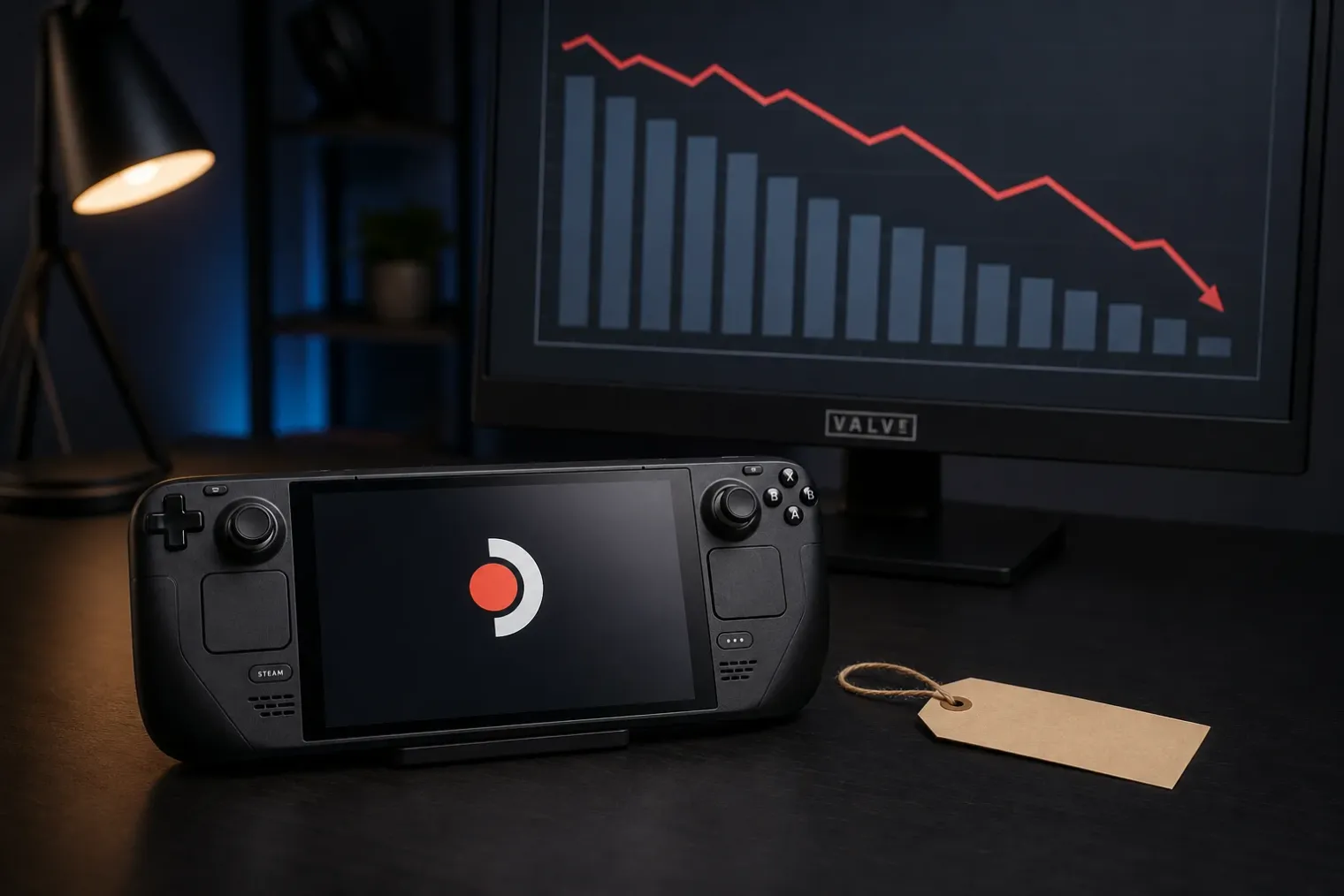A Valve Steam Deck OLED handheld resting on a desk beside a price tag and a chart on a computer monitor, with the Valve logo visible.